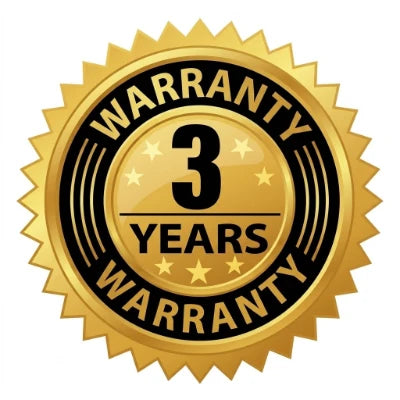 A circular gold and black 'Warranty 3 Years' badge with a serrated edge, shown on a plain white background.