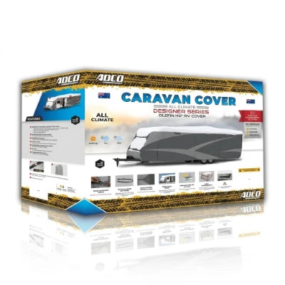 A boxed product package for an ADCO Caravan cover, shown on a clean white background. The box is mostly white with blue and yellow branding, a photo of a caravan covered by the product, and several small feature icons along the bottom.