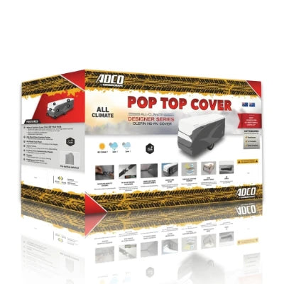 A boxed product package for an ADCO Pop Top cover, shown on a clean white background. The box is mostly white with red and yellow branding, a photo of a pop top caravan covered by the product, and several small feature icons along the bottom.